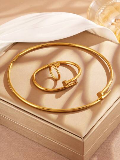 5pcs Women Stainless Steel Heart Necklace Bracelet Earrings Ring Jewelry Set, Waterproof & Fade-Resistant, Suitable For Daily Wear