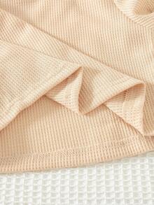 2pcs/Set Girls Casual Everyday Wear Solid Color Bow Decor Round Neck Short Sleeve Top And Mini Skirt Set, Summer - Khaki - View 7