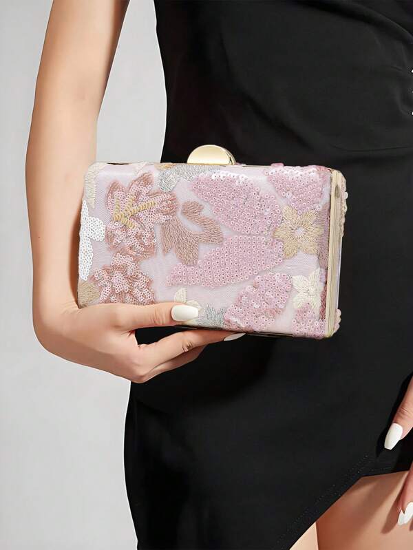 YMI STYLE Elegant Sequin Embroidered Floral Decorative Evening Clutch Bag, Sequin Patchwork Clutch, Randomly Cut Suitable For Party Girls, Ladies, Brides, Perfect For Party, Wedding, Prom, Formal Dinner, Paired With Wedding Gown, Women's Formal Evening Dress, Prom Dress, Birthday Dress. With Metal Chain Handle.