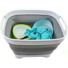 TFKI 7.5L 2 Gallons Collapsible Dishpan With Draining Plug - Foldable Washing Basin - Portable Dish Washing Tub - Space Saving Kitchen Storage Tray (White/Grey 1) - 白灰色 - 查看 5