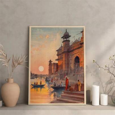 1 pieza Pintura vintage de los Ghats de Benarés, arte de pared bohemio de Varanasi, decoración de pared, pósteres de estilo minimalista moderno, póster del lago, decoración de sala de estar y habitación, decoración de baño, regalo ideal, sin marco