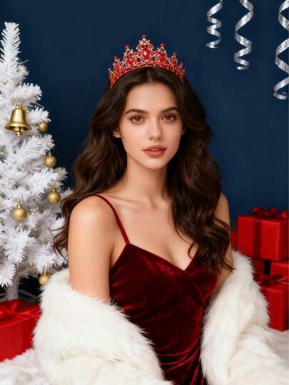 Baroque Luxury Red Crystal Crown Headpiece, Vintage Royal Style Bridal Wedding Tiara, Christmas Queen Red Rhinestone Crown Accessory For New Year Party