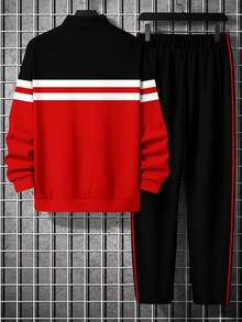 Men's Fashion Color Block Patchwork Zipper Sweatshirt And Pants Set - Red - View 2