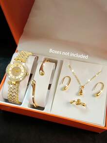 6pcs Set Rhinestone Gold Bangle & Quartz Watch Set, Chain Bracelet Watch For Women, Personalized Luxury Gift - Gold - View 1
