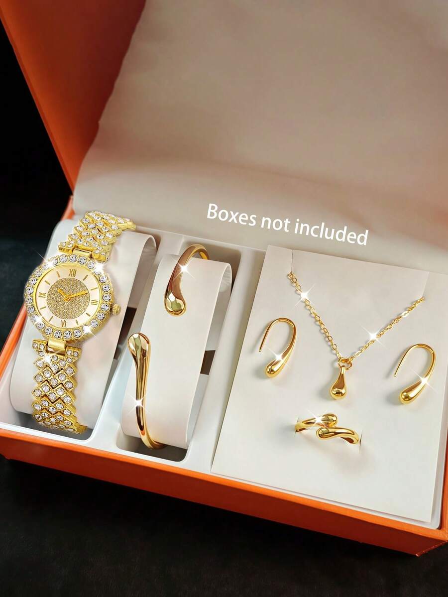 6pcs Set Rhinestone Gold Bangle & Quartz Watch Set, Chain Bracelet Watch For Women, Personalized Luxury Gift - Gold - View 1
