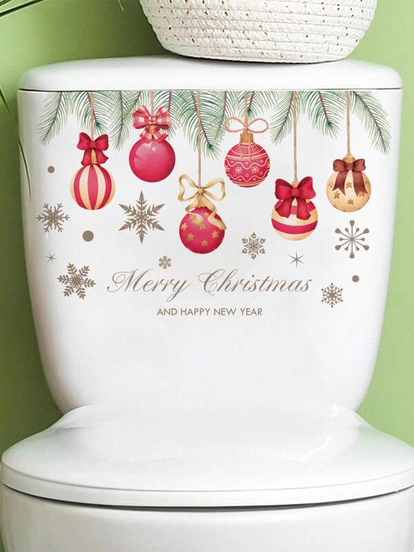 1pc Of Bathroom Sticker Luxury Snowflake Hanging Ball Toilet Cover Sticker - Gold Font Watercolor Hanging Ball Design, Self-Adhesive, Suitable For Holiday Home Decoration, Decoration, Bathroom, Sticker, Wall Sticker, Vinyl Sticker, Suitable For Home Decoration, Spring Decoration Items, Make Your Home Look Brand New, Lamar Decoration Sticker Christmas Decoration Christmas Decoration Christmas Decoration Room Decoration Kitchen Decoration Christmas Decorations