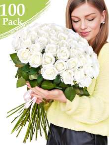 100 Pcs Artificial Roses In Bulk, Fake Silk Roses Realistic White Roses For Wedding Centerpieces Flower Arrangement Home Decor - 白色 - 查看 5