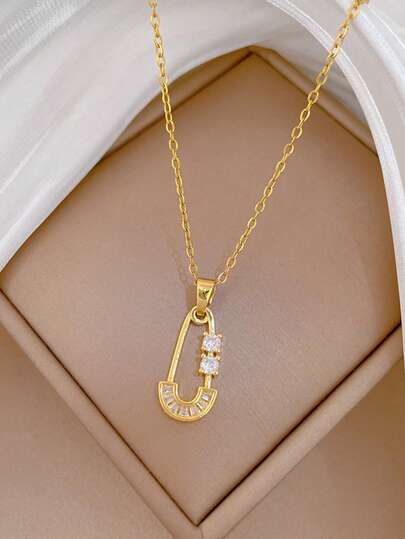 1pc Stylish And Unique Brooch Necklace With Zirconia Inlay Is A Glamorous Stainless Steel Gold-Plated Necklace Suitable For Parties, Gatherings, Banquets, Dances, And As A Gift.
