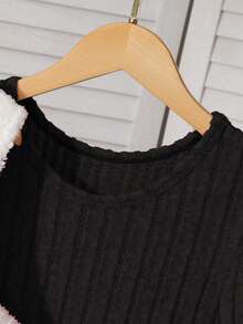 两件套少女罗纹针织长袖连衣裙+双面抓绒上衣套装，秋冬季 - 黑色 - 查看 9