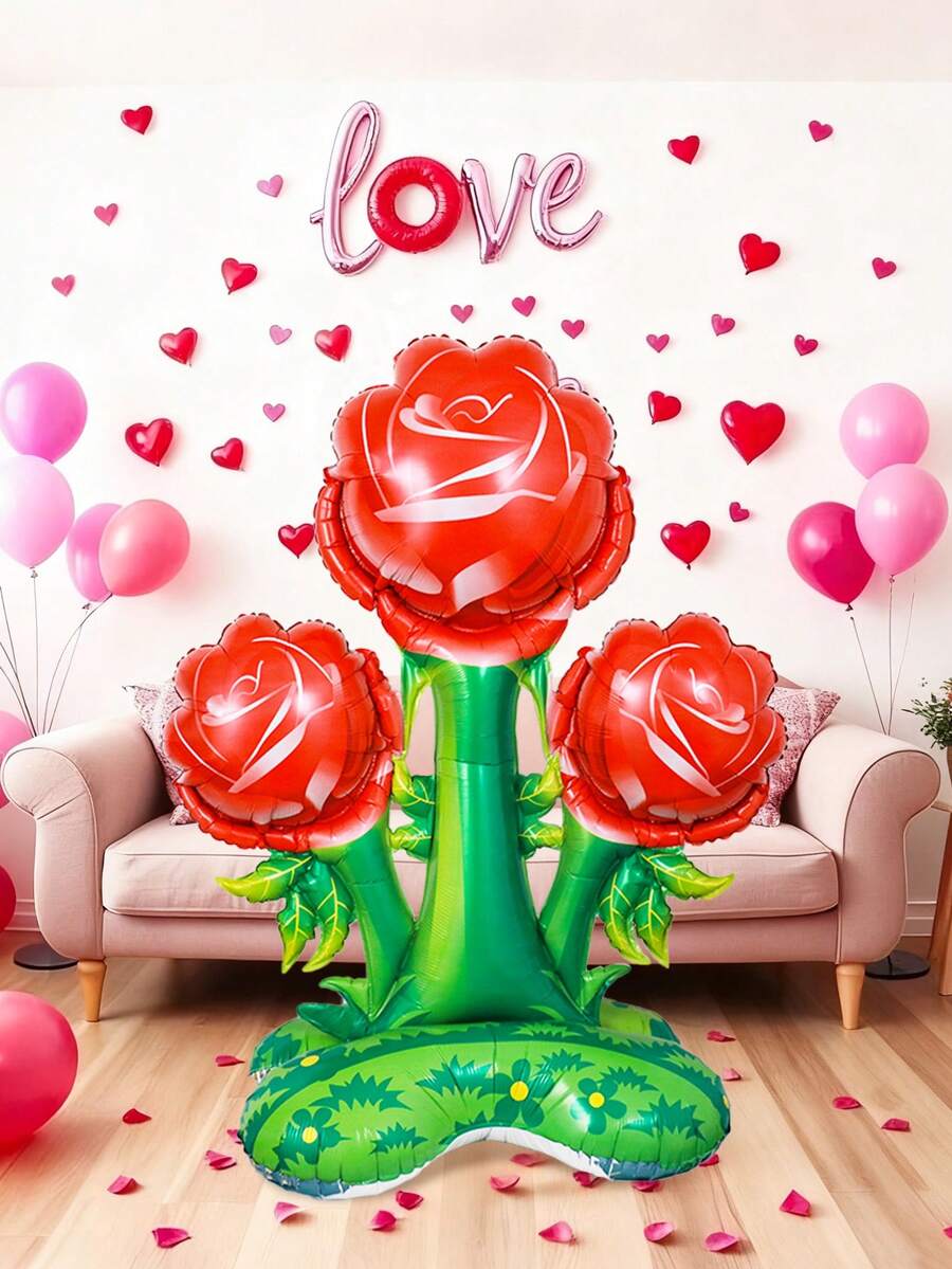 1pc Large Realistic Standing Red Rose Base Aluminum Foil Balloon, Red ...