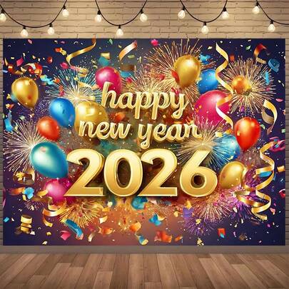 2026新年派对背景布 - 烟花和金色气球图案，印有“Happy 2026”字样，色彩鲜艳，适合拍照，可用于婚礼、新年装饰、新年横幅、新年快乐布艺、新年横幅等，也适合室内外家居装饰，多种尺寸可选。