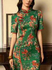 Faeriesty 优雅女士新款中式旗袍连衣裙，高领短袖侧开衩设计——适合正式场合、商务宴会、婚礼、盛大晚会、文化活动以及新年和情人节派对。夏季 - 綠色 - 查看 7