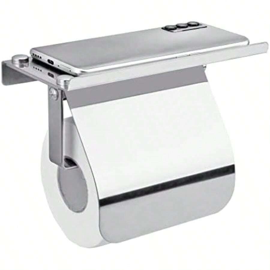 yeavs SUS 304 - Soporte de papel higiénico doble para papel higiénico con estante de almacenamiento para teléfono (cromo pulido)(Mediano) - Tipo 2 - Ver 1