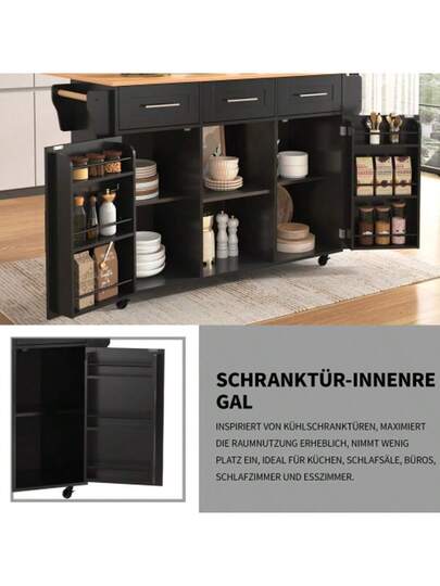 139x46(71)X91.5cm Dining Trolley/Sideboard, Zwart Body Solid Wood Grain Worktop, Fold Down Storage Door, Casters, Replaceable Feet, Room, Kitchen. Serving Trolley/Side Cabinet, Grijs Veneer The Wit Marble ation Cabinet/Fold Worktop/Storage Doors/R view 6