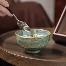 2pcs Handmade Vintage Ceramic Bowls - Thickened Green Gold Glaze Noodle Bowls, Suitable For Tossed Salads, Rice, Fruits - Durable Rustic Style Kitchen Utensils, Ideal For Family Dining And Gatherings, Fruit Bowls | Traditional Tableware | Dotted Green Glaze - Multicolor - View 9