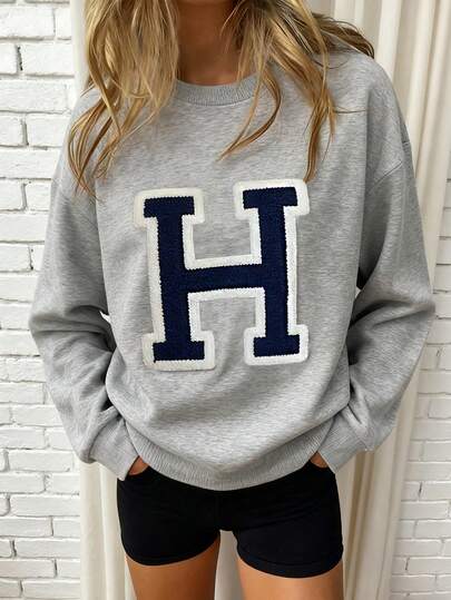 Women's Gray Knitted Fabric Long Sleeve Pullover Sweatshirt With H Letter Design Regular Length Slight Stretch
