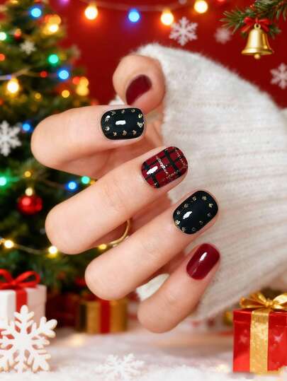 24 قطعة أظافر مربعة قصيرة للضغط عليها، مجموعة فن الأظافر بنقشات المربعات والنقاط والألوان المعدنية الخضراء والحمراء، مناسبة للبنات/النساء في المناسبات والهدايا وعيد الحب وعيد الميلاد والإطلالات اليومية، تشمل جيل جيلي واحد وملف أظافر واحد