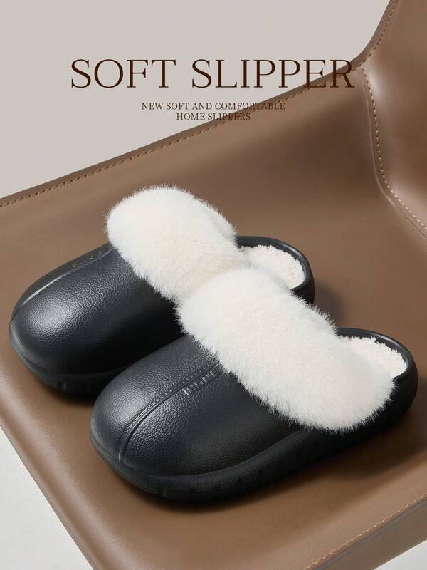 Zapatos de invierno para mujer impermeables de EVA con bloques de color, textura de piel sintética, pantuflas de punta cerrada, forro cálido y esponjoso, antideslizante, construcción moldeada