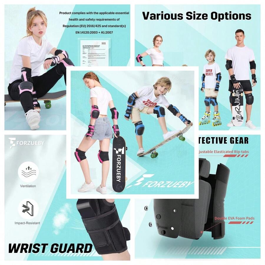 Adult/Kids Knee Pads Elbow Pads Wrist Guards 6 In 1 Protective Gear Set For Inline Roller Skating Skateboarding Scooter BMX Etc. - Black - View 1