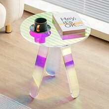 Round Iridescent Side Table, Acrylic End Table, Clear Rainbow Acrylic Coffee Table For Drink, Food, Snack Used In Living Room, Bedroom, And Study - Màu sắc óng ánh tròn - Xem 9