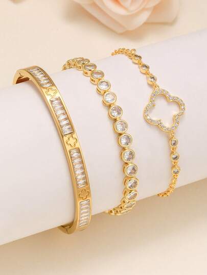 Pulseira de Aço Inoxidável com Trevo de Quatro Folhas Oco Incrustado de Zircônia, Elegante e de Luxo, Adequada para Uso Diário, Eventos Formais, Encontros e Presentes