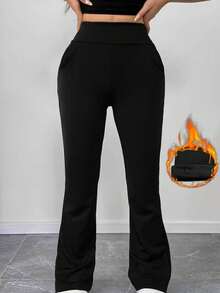 加大码保暖加厚喇叭针织长裤，带口袋，中等弹力 - 黑色 - 查看 2
