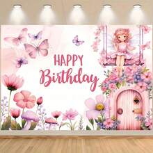 1 Pc Floral Fairy Birthday Party Banner, Spring Fairy Tale Pink Butterfly Floral Pattern Photography Background, Happy Birthday Banner, Suitable For Birthday Party Decorations, Cake Table Decorations, Home Garden And Living Room Decorations, Indoor And Outdoor Home, Garage, Yard Sign Decorative Supplies.