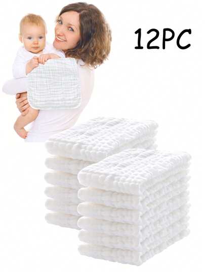 12pcs Baby Towel Set – Hospital-Bag Essentials Unisex Newborn Solid-Color Burp Cloths, Bath Towels And Washcloths For Boys And Girls. Six-Layer Ultra-Absorbent Fabric For All-In-One Use: Feeding, Bathing, Hand-Drying, Sweat-Wiping, Pillow Cover, Burping And Nursing.