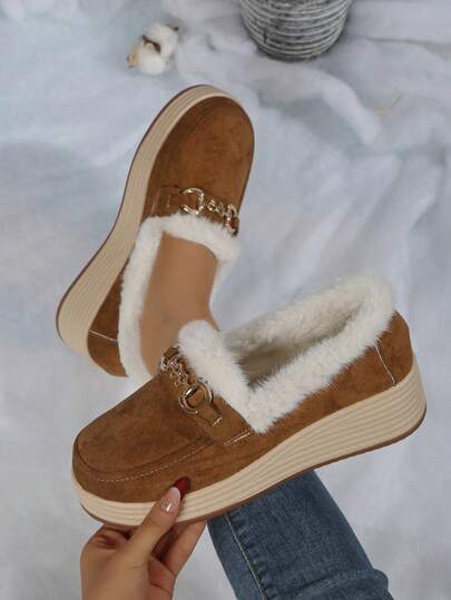 Women's Platform Thick Bottom Snow Boots, Autumn/Winter, Metal Decor Slip-On Loafers, Comfortable Warm Casual Shoes,Fur Boots