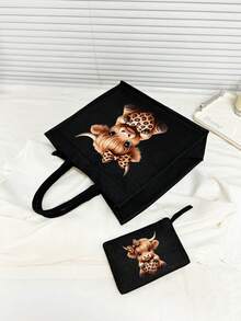 高地牛印花黑色亚麻手提包，可爱蝴蝶结爱心豹纹设计，高地牛图案，大容量化妆包，带提手，圣诞礼物，黑色亚麻零钱包，黑色格子购物袋，化妆包，饰有艺术字母和图案印花，适合女性日常使用，可用作便捷购物袋。教师节感谢礼物，女士大容量亚麻手提包，手提包和化妆包套装 - 彩色 - 查看 9