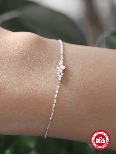 1 pezzo Braccialetto in argento sterling 925 classico, asimmetrico, realizzato a mano con forma geometrica scintillante, con zirconi cubici incastonati, catena connessa, gioiello fine, accessorio versatile per uso quotidiano, adatto per donne, feste, fidanzamento
