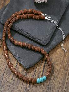 KWHY 1pc Fashionable Retro Stainless Steel & Turquoise Beaded Necklace, Suitable For Men's Daily Wear