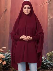 1pc Women's Solid Color Instant Hijab, Prayer Long Khimar Ready To Wear Knee Length Instant Hijab With Smocking Sleeves - Puff Sleeve Khimar - View 20