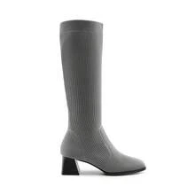 Women's Square Toe Chunky Heel  Knee High Boots Stretchy Fit Ribbed Upper Fashionable Tall Boots - Xám - Xem 4