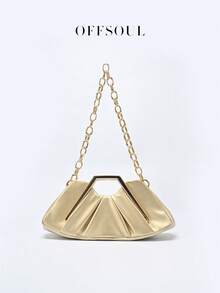 Vintage Asymmetrical Ruffle Cloud Clutch Bag, Unique Metal Hardware Handbag, High-End Retro Party Evening Bag - Gold - View 2