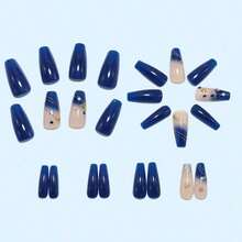 24PCS Press-On Gradient Diamond-Studded Ballet Nails Extension - Chic European-Style Full Cover Reusable Nail Tips, Long False Nails With Sparkle-Enhancing Shiny Rhinestones, Beginner-Friendly Fashion Nail Art For Girls' Night, Casual Trips & Everyday Wear, Easy Application Glitter Decor Manicure Accessories For Women - Xanh đậm - Xem 6