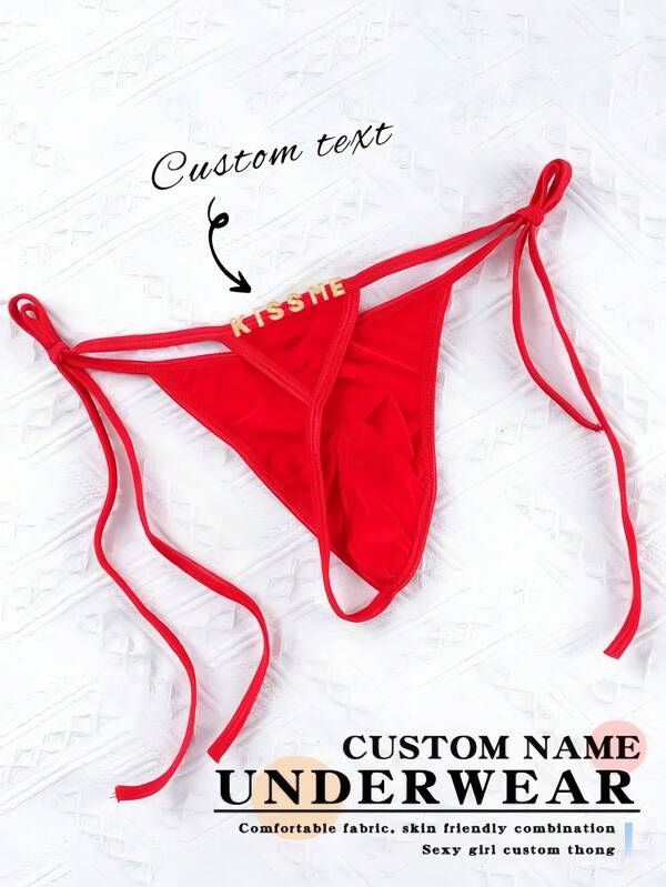 1pc Men's Custom Text & Tie-Side Design, Red Elastic Fabric, Comfortable & Seductive, Personalized & Alluring Sexy Lingerie Thong For Intimate Occasions & Valentine's Day
