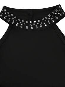 Solid Color Elegant Party Slit Rhinestone Embellished Dress, Suitable For Evening Date, Office Wear - Black - View 5
