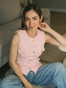 Women's New Elegant And Fashionable Solid Color Waistcoat With Sequin Wool Pockets For Graduation Season , Featuring A Front Opening - Pink - View 10