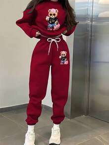 大码女式卡通熊印花圆领落肩长袖卫衣和运动裤休闲套装，适合新年假期等场合 - 酒紅色 - 查看 4