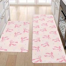 1/2pcs Flannel  Pink Bow Print Polyester Non-Slip Kitchen Mat - Durable, Hand Wash Only, Rectangular Floor Mat For Indoor & Outdoor Use, Ideal For Entryway And Kitchen Decor, Kitchen Floor Mat - 其他 - 查看 2