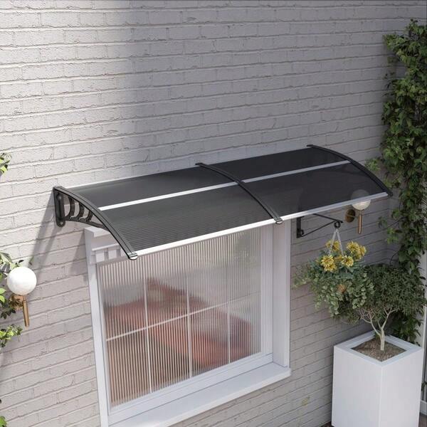 Front Door Canopy Outdoor Awning Aluminium Rigid Plastic Polycarbonate Rain Shelter UV Water Rain Resistant 196 X 75cm Black
