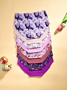 8pcs/Pack Women's Seamless Hipster Panties, Comfortable Fabric, Purple Solid & Heart Cutout Print, Sexy Underwear - Multicolor - View 2