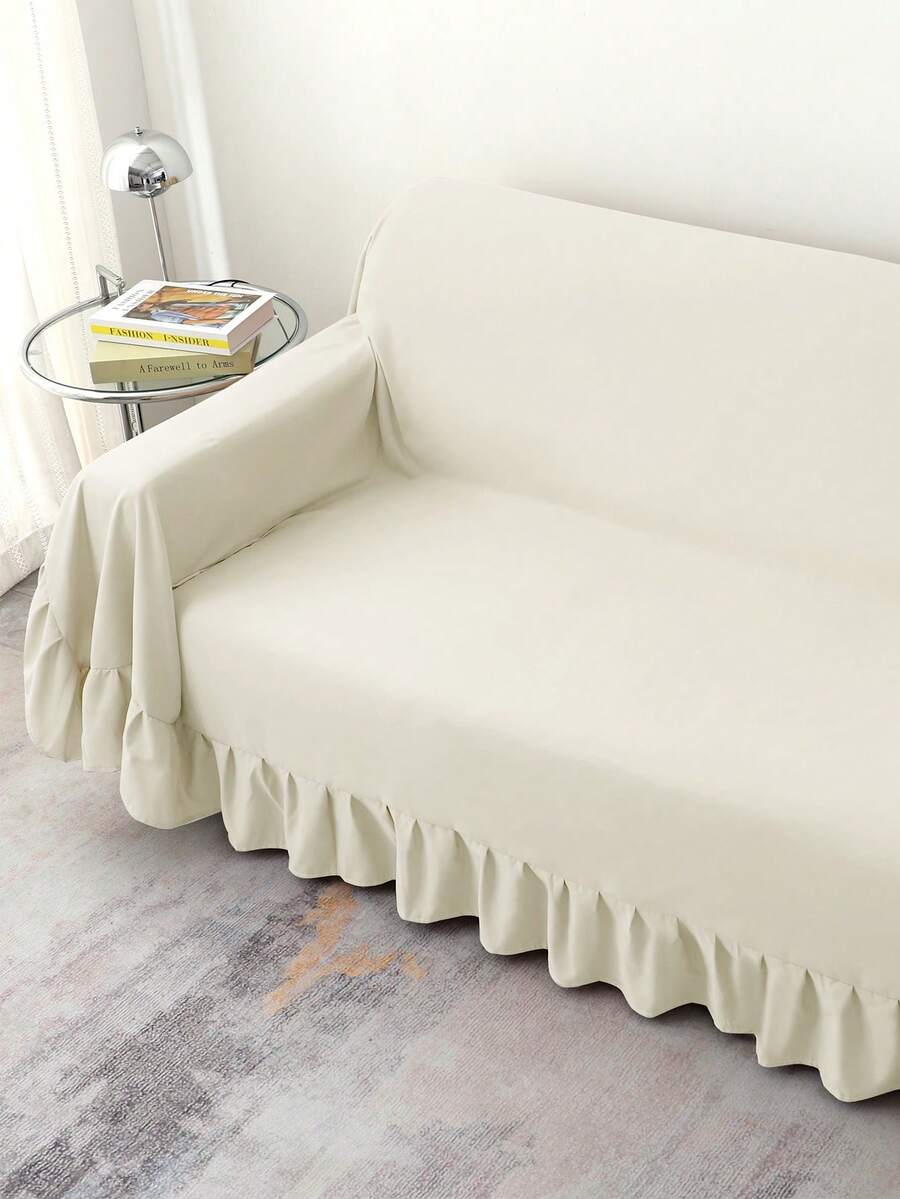 1 chiếc chăn phủ ghế sofa màu trơn, phong cách tối giản hiện đại có viền ren, sợi polyester, thích hợp cho phòng khách và phòng ngủ - Màu be - Xem 1