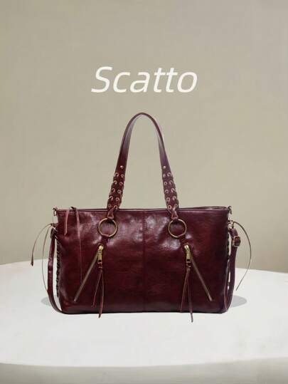 New Fashion Women's Solid Color Minimalist PU Leather Tote Bag, High-Quality Vintage Style Large Capacity Shoulder Bag, Versatile For Dates, Shopping, Daily Use