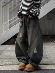 1件男士日系破洞拼接阔腿牛仔裤，复古做旧休闲宽松牛仔裤（不含腰带和配饰） - 藍色 - 查看 4