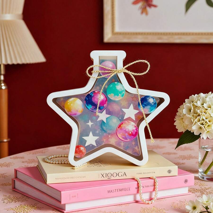 1pc Cute Star Shaped Piggy Bank, Creative "Jellyfish In A Bottle" Piggy Bank, Unique "Flowers And Girl" Piggy Bank, New Year Gift For Family, Friends, Roommates, Classmates, Desktop Decor And Storage, 1pc 3D Water Bottle Shaped Desktop Decor Piece, Acrylic Double-Sided Different Prints, Suitable For Dried Flowers And Artificial Plants, Multi-Functional Decor Piece - Multicolor - View 1