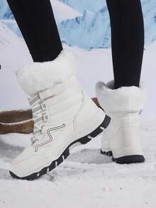 女士冬季防水防滑加厚保暖雪地靴，适合寒冷天气，也适合搭配圣诞节时尚装扮，白色登山靴 - 白色 - 查看 4