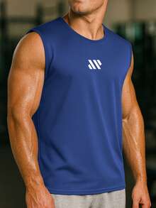 Men Solid Color Sleeveless Gym Tank Top Muscle Fit Workout Fitness Top Summer - Royal Blue - View 2