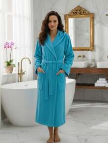 土耳其制造 男女通用连帽天鹅绒棉质浴袍 - 100% 纯棉 小号 (58x115 厘米) - 中号 (62x150 厘米) - 大号 (66x125 厘米) - XL (70x130 厘米) - 藍色 - 查看 8